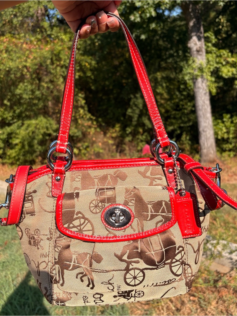 Coach Tan Signature Canvas Satchel with Red Trim